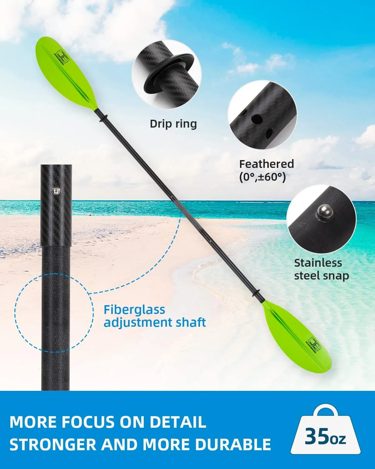 OCEANBROAD Adjustable Carbon Fiber Kayak Paddle 86in/220cm to 94in/240cm Kayaking Oar for Adults with Paddle Leash 1 Paddle