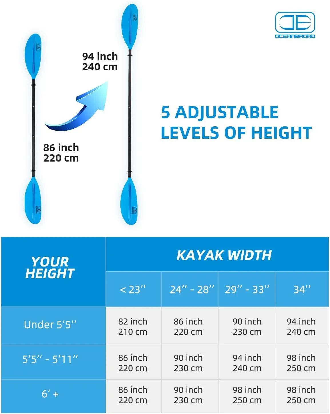 OCEANBROAD Adjustable Carbon Fiber Kayak Paddle 86in/220cm to 94in/240cm Kayaking Oar for Adults with Paddle Leash 1 Paddle