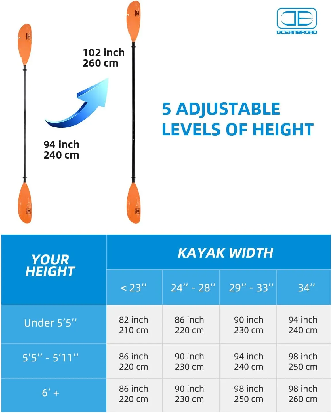 OCEANBROAD Adjustable Fishing Kayak Paddle - 94in/240cm-98in/250cm-102in/260cm Aluminum Alloy Shaft with Paddle Leash