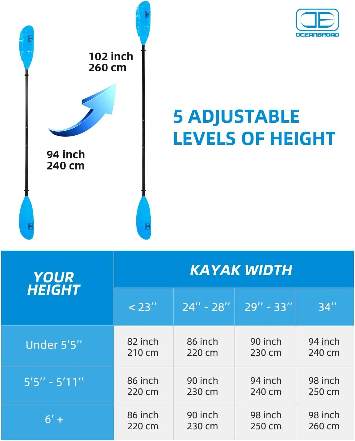 OCEANBROAD Adjustable Fishing Kayak Paddle - 94in/240cm-98in/250cm-102in/260cm Aluminum Alloy Shaft with Paddle Leash