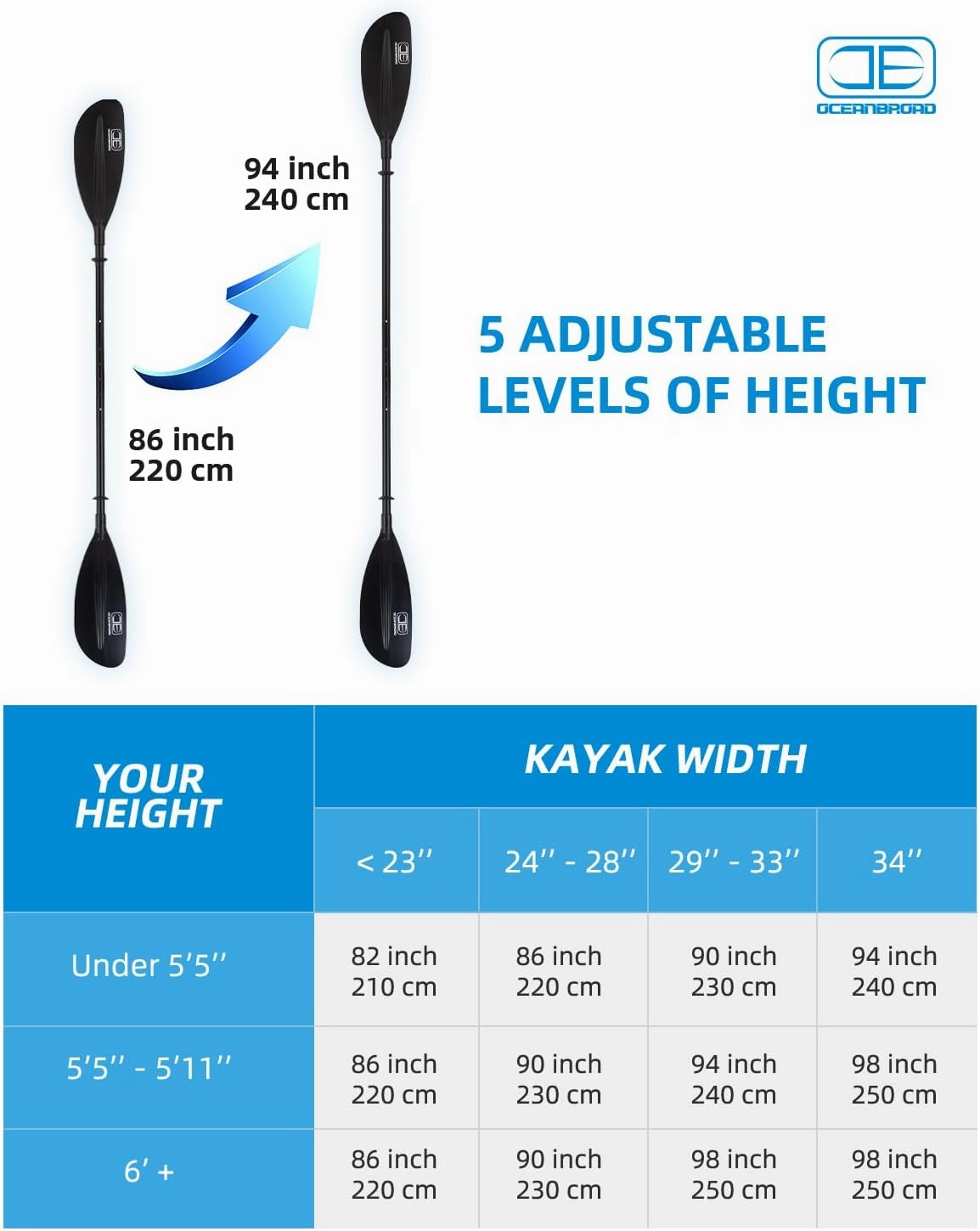 OCEANBROAD Adjustable Kayak Paddle 86in/220cm to 94in/240cm Kayaking Boating Canoeing Oar with Paddle Leash 1 Paddle