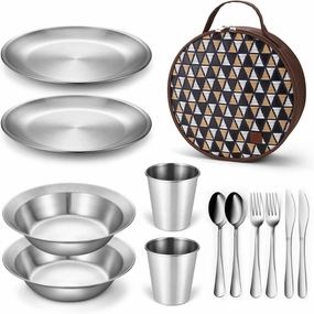 Odoland Bundle - 2 Items Camping Complete Messware Kit and 10pcs Stainless Steel Camping Cookware
