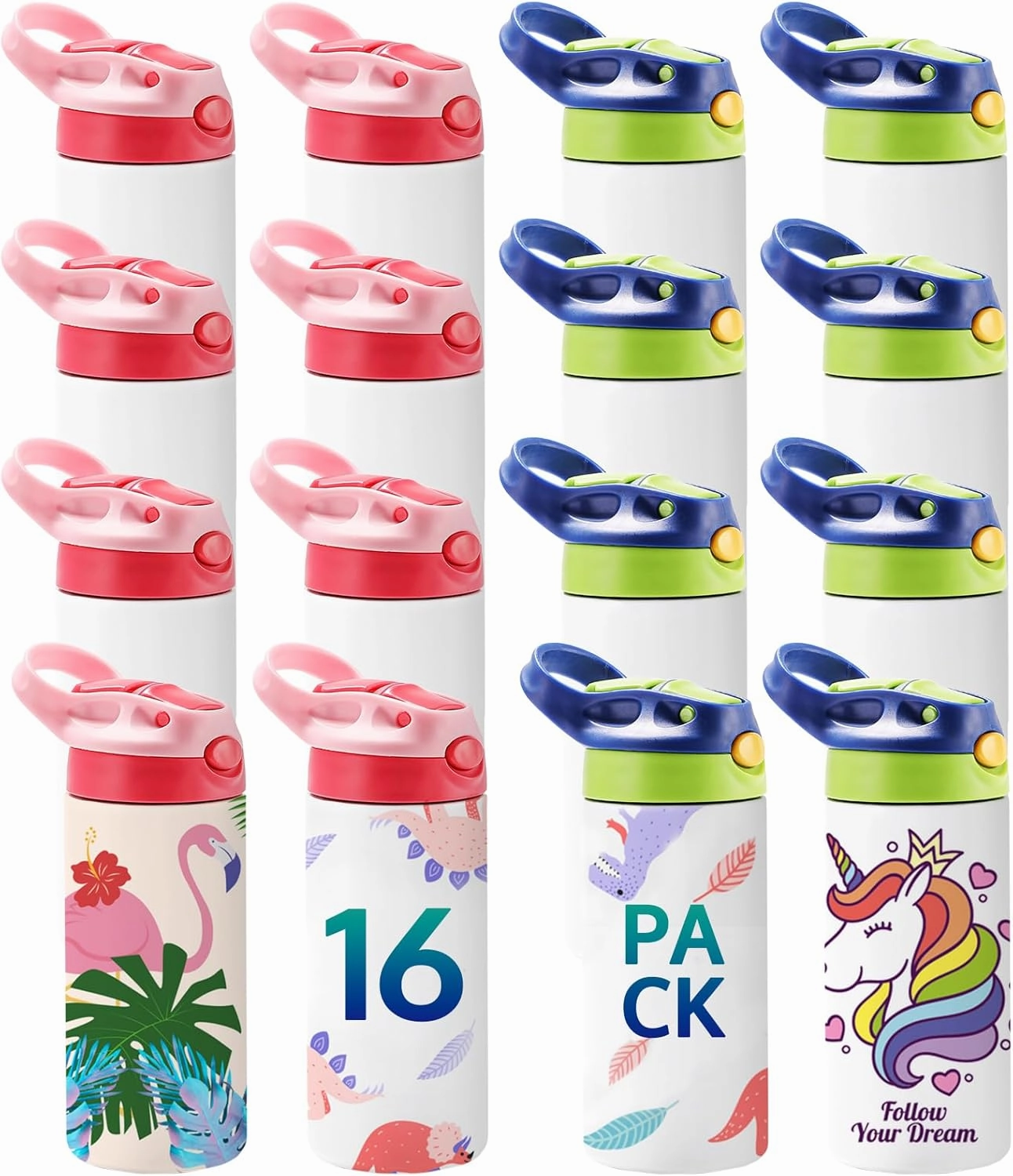 OFFNOVA Kids Sublimation Tumbler, 16Pack 12oz Kids Sublimation Water Bottle Blank with Handle, Children Sublimation tumblers Cups for Milk, Soda, Juice, Drinks, 16 Pack Blue&Pink