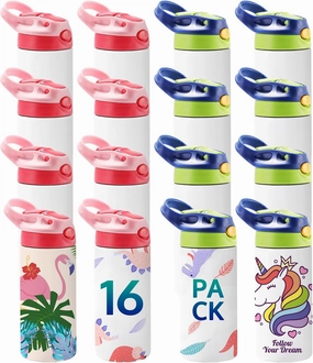OFFNOVA Kids Sublimation Tumbler, 16Pack 12oz Kids Sublimation Water Bottle Blank with Handle, Children Sublimation tumblers Cups for Milk, Soda, Juice, Drinks, 16 Pack Blue&Pink
