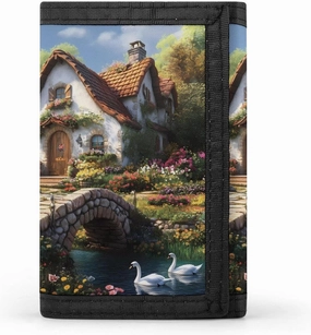 Old Waterway Cottage Slim Men's Tri-Fold Wallets With 8 Card Slot & Photo Window Travel Purse Coin Clip