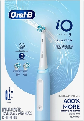 Oral-B iO Series 3 Limited Edition Electric Toothbrush with 2 Brush Heads, Ultimate Clean, Gentle Care, Pressure Sensor, Rechargeable, Blue, with Compatible Microfiber Cleaning Cloth