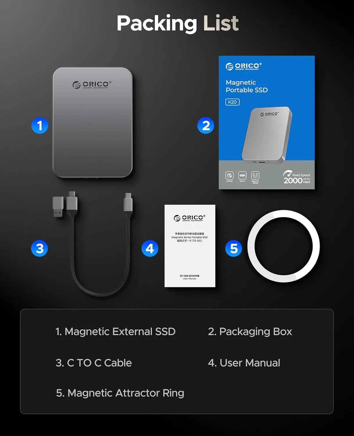 ORICO 512GB Magnetic Portable SSD, Metal Body, 4K 120 fps ProRes HDR Record and Store, Up to 460MB/s, USB C&A 2 in 1 Cable, External SSD Compatible with iPhone 16 Pro Max, Tablet, Computer - K5PLUS