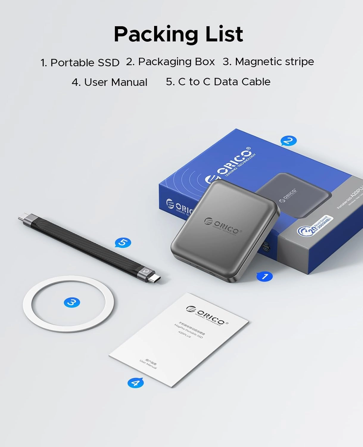 ORICO 512 GB Magnetic External SSD, 4K ProRes HDR Record and Store, 2000MB/s Stable Transmission and Storage, Portable Solid State Drive, Compatible with Smartphone, Tablet, Computer - A20PLUS