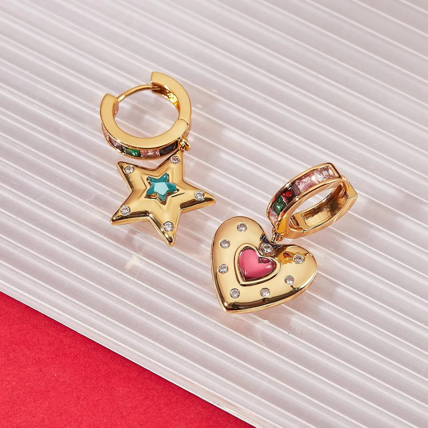 Ornaland Dangle Hoop Earring for Women 18K Gold Plated Personalized Heart Star Charms Zirconia Dainty Earring Jewelry Gift for Women