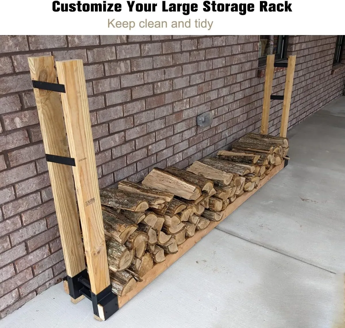 Outdoor Firewood Rack Bracket Kit with 4 Support Bars for Fire Wood Pile Storage, Heavy Duty DIY Fireplace Log Stacking Stand Holder for 2x4 lumber, Black, 1 Pair