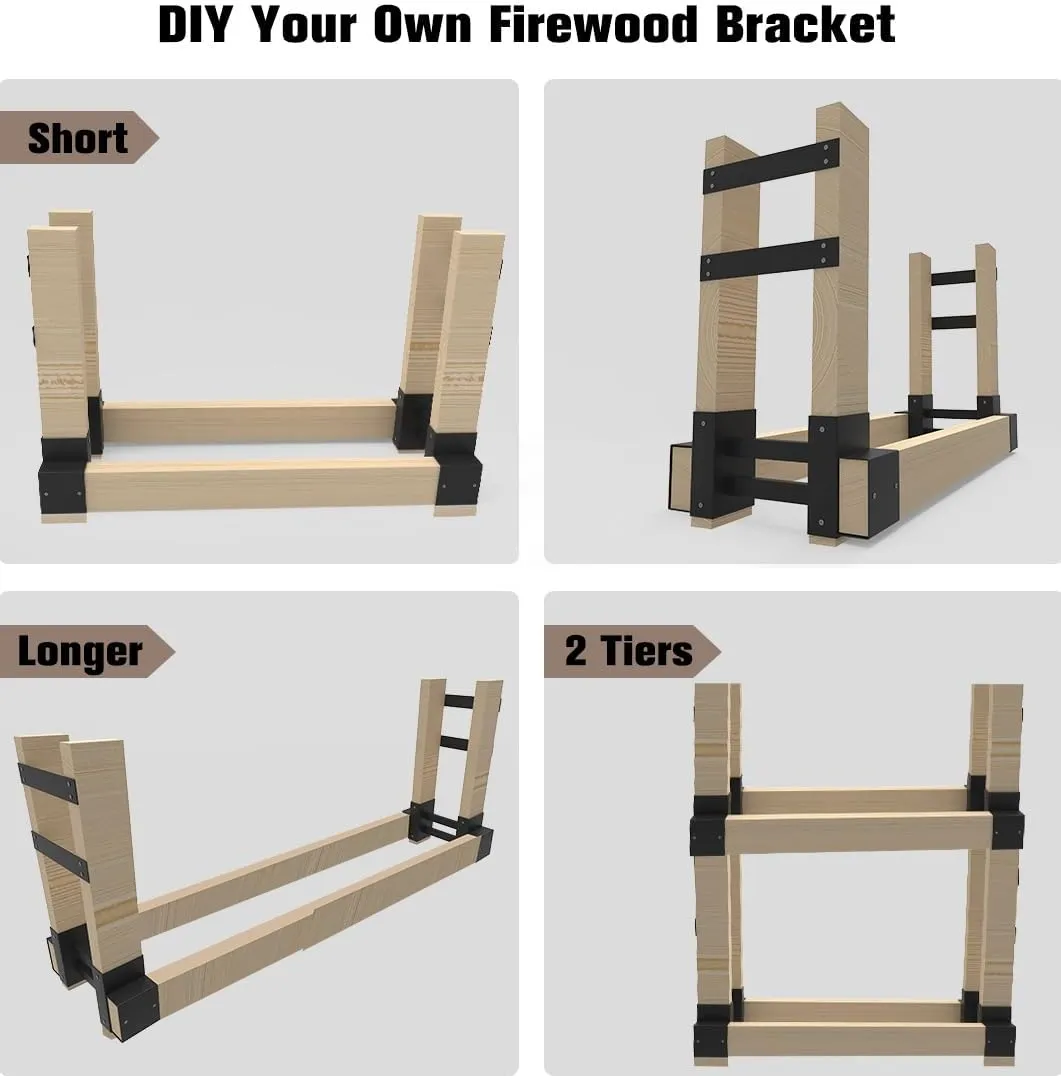 Outdoor Firewood Rack Bracket Kit with 4 Support Bars for Fire Wood Pile Storage, Heavy Duty DIY Fireplace Log Stacking Stand Holder for 2x4 lumber, Black, 1 Pair