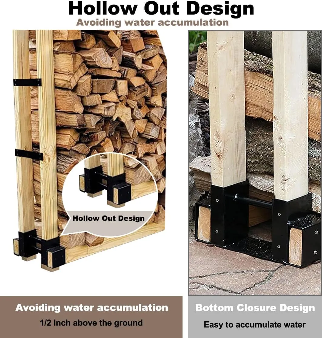 Outdoor Firewood Rack Bracket Kit with 4 Support Bars for Fire Wood Pile Storage, Heavy Duty DIY Fireplace Log Stacking Stand Holder for 2x4 lumber, Black, 1 Pair