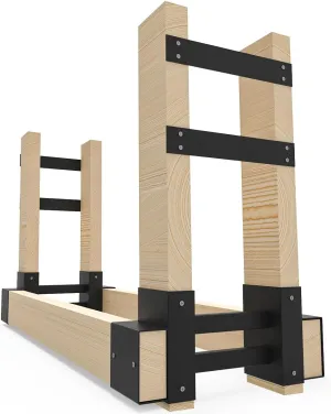 Outdoor Firewood Rack Bracket Kit with 4 Support Bars for Fire Wood Pile Storage, Heavy Duty DIY Fireplace Log Stacking Stand Holder for 2x4 lumber, Black, 1 Pair