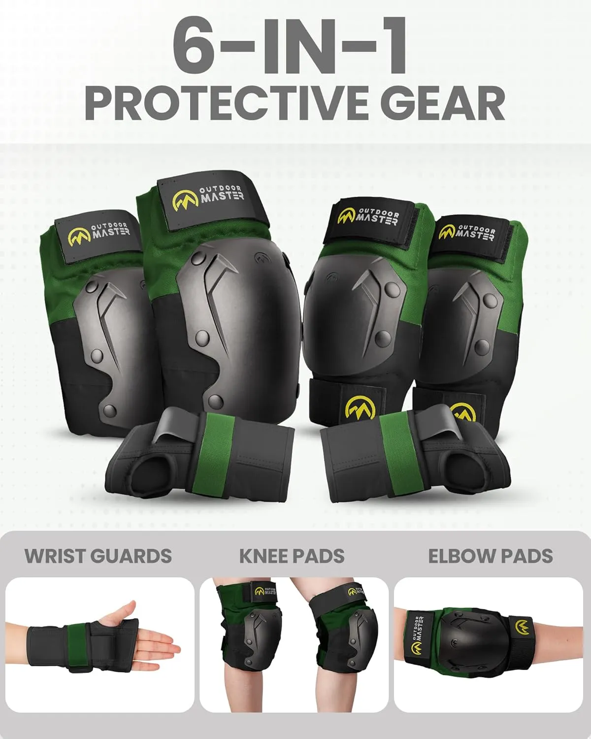 OutdoorMaster Adult Knee and Elbow Pads Set - Skate Protective Gear with Wrist Guards - Adult & Youth - Green, M - [6pcs]