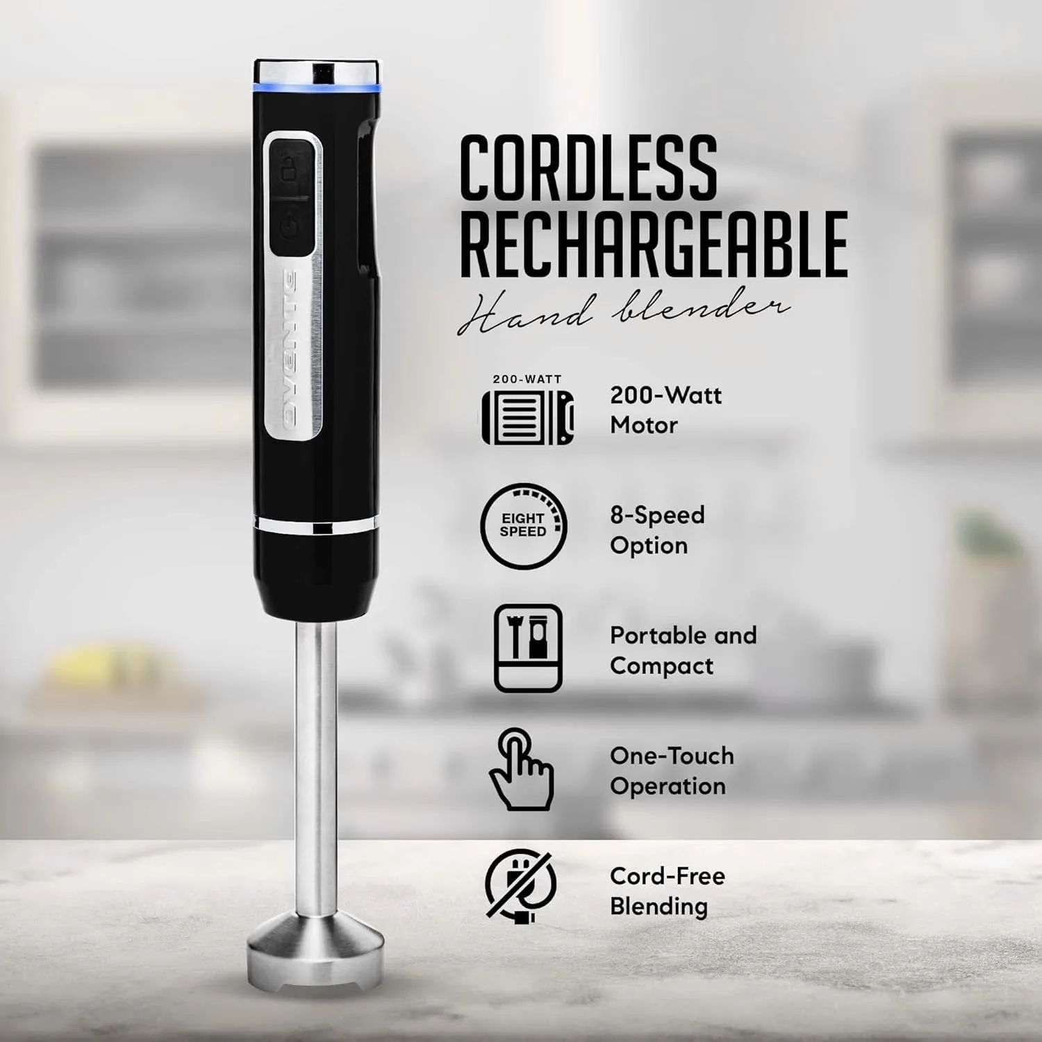 OVENTE Cordless Immersion Hand Blender, Rechargeable Handheld Portable Stick Mixer with 8 Mixing Speed Option, One-Touch Control and Stainless Steel Blades for Smoothies, Shakes or Soups, Black HR781B