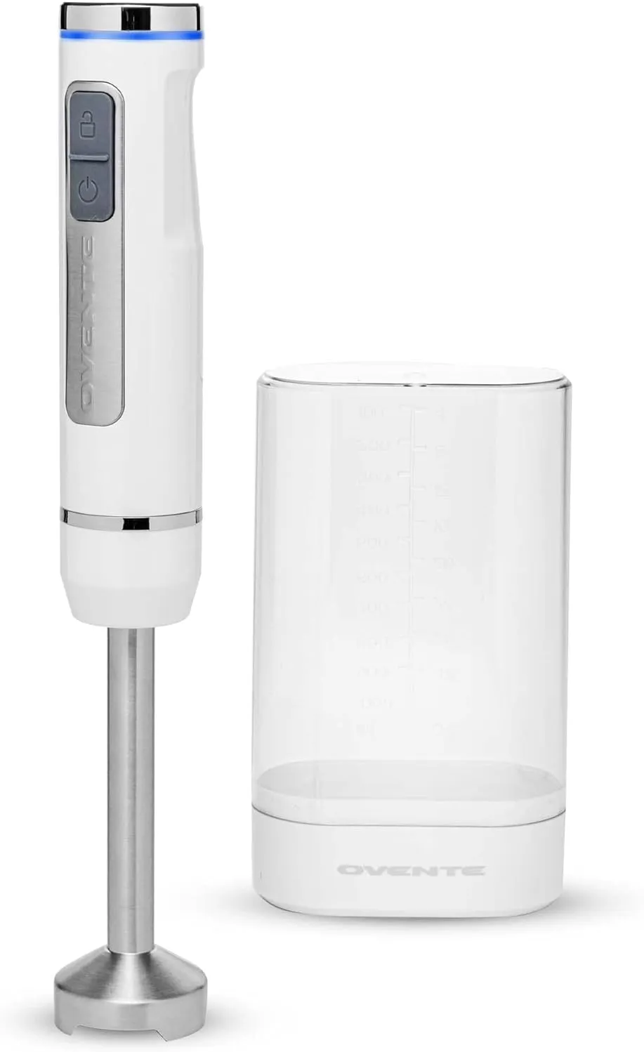 OVENTE Cordless Immersion Hand Blender, Rechargeable Handheld Portable Stick Mixer with 8 Mixing Speed Option, One-Touch Control and Stainless Steel Blades for Smoothies, Shakes or Soups, White HR781W