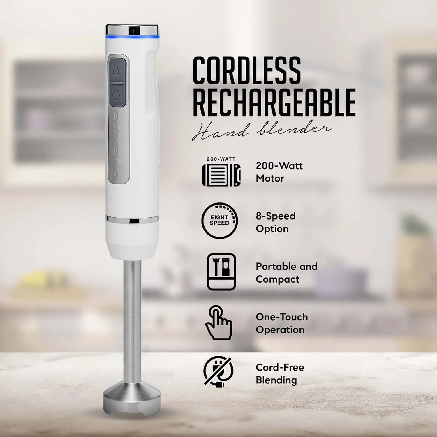 OVENTE Cordless Immersion Hand Blender, Rechargeable Handheld Portable Stick Mixer with 8 Mixing Speed Option, One-Touch Control and Stainless Steel Blades for Smoothies, Shakes or Soups, White HR781W