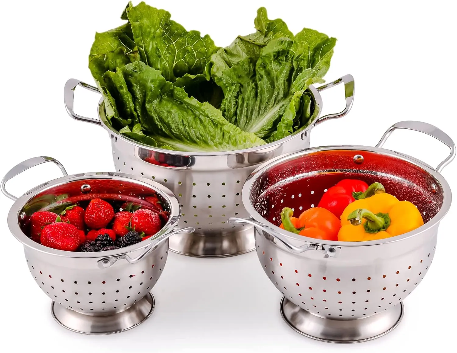 OVENTE Premium Stainless Steel Colander Set of 3 with Comfortable Large Handles, 1.5, 3, 5 Quarts Essential Kitchen Strainer for Draining Spaghetti Pasta, Rinsing Vegetables or Fruits, Silver C46263S