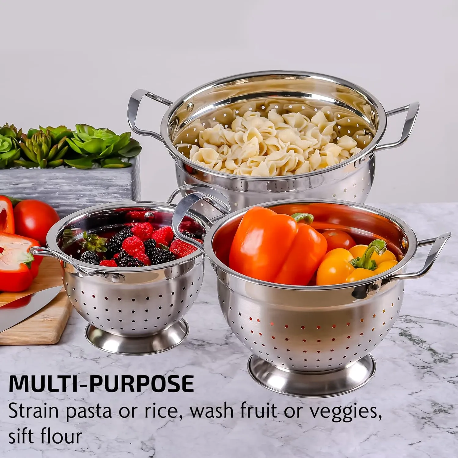 OVENTE Premium Stainless Steel Colander Set of 3 with Comfortable Large Handles, 1.5, 3, 5 Quarts Essential Kitchen Strainer for Draining Spaghetti Pasta, Rinsing Vegetables or Fruits, Silver C46263S