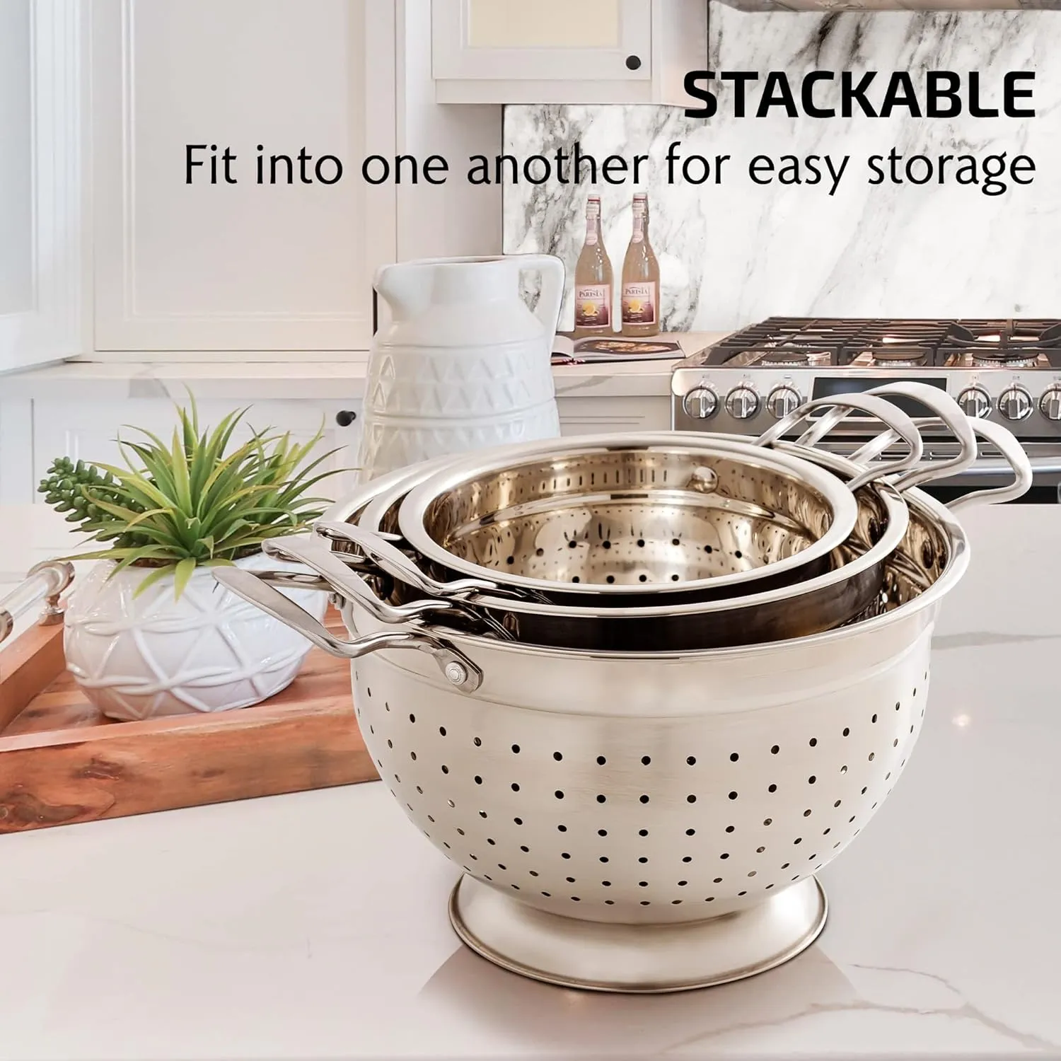 OVENTE Premium Stainless Steel Colander Set of 3 with Comfortable Large Handles, 1.5, 3, 5 Quarts Essential Kitchen Strainer for Draining Spaghetti Pasta, Rinsing Vegetables or Fruits, Silver C46263S