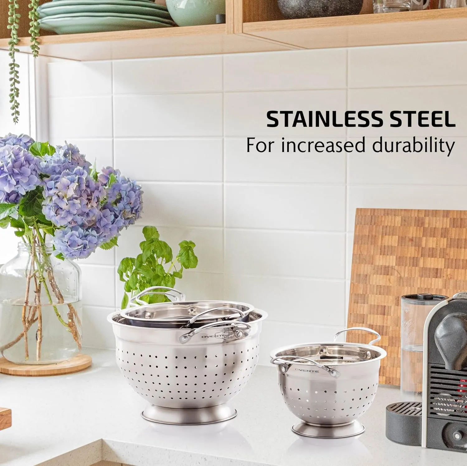 OVENTE Premium Stainless Steel Colander Set of 3 with Comfortable Large Handles, 1.5, 3, 5 Quarts Essential Kitchen Strainer for Draining Spaghetti Pasta, Rinsing Vegetables or Fruits, Silver C46263S
