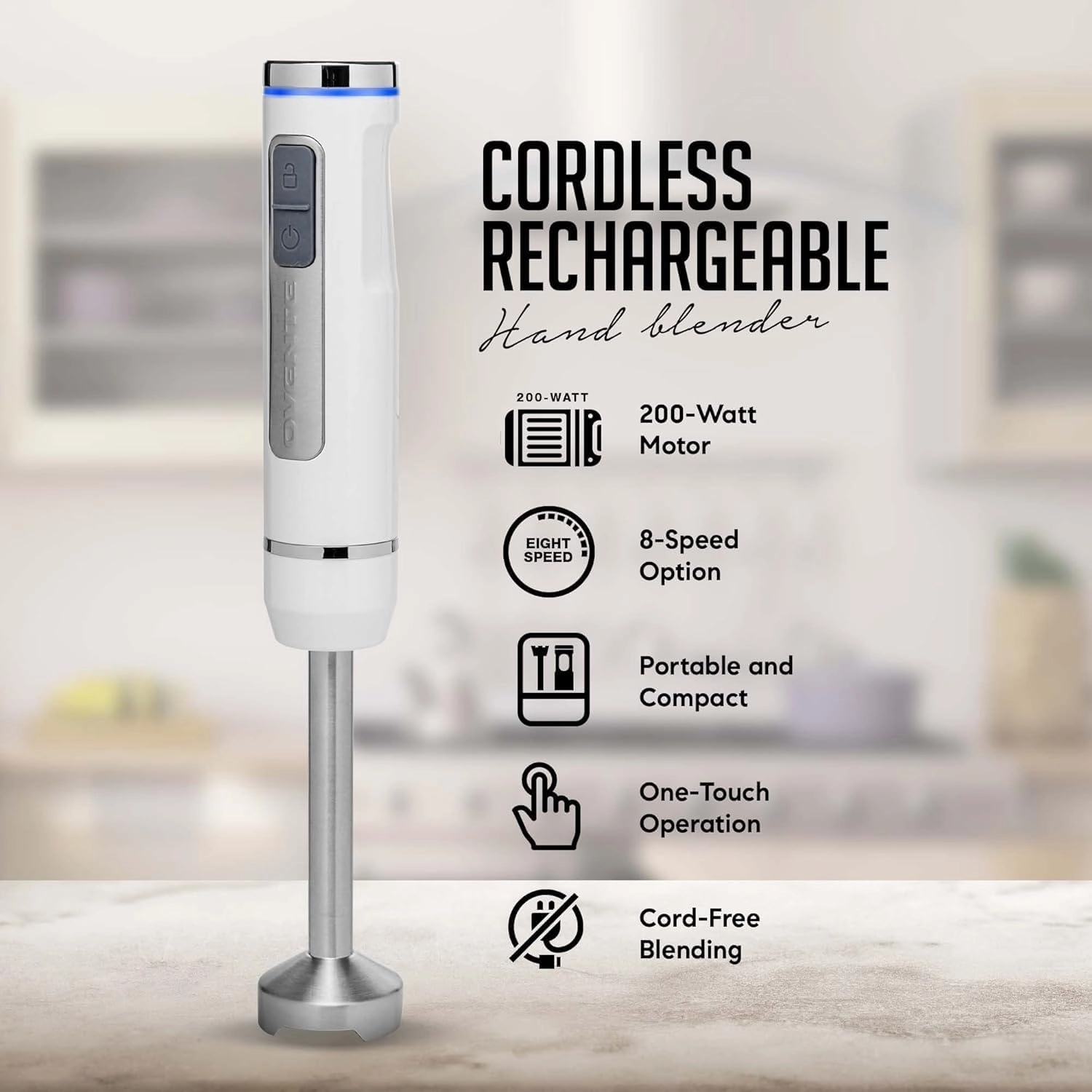 OVENTE Cordless Immersion Hand Blender, Rechargeable Handheld Portable Stick Mixer with 8 Mixing Speed Option, One-Touch Control and Stainless Steel Blades for Smoothies, Shakes or Soups, White HR781W