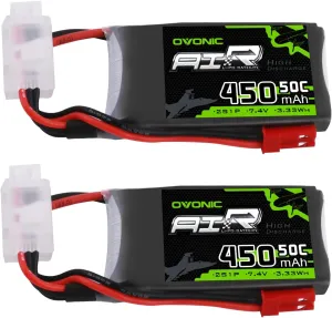 OVONIC 2S Lipo Battery 50C 450mAh 7.4V Lipo Battery with JST Connector for RC Airplane Helicopter Quadcopter FPV Racing Drone