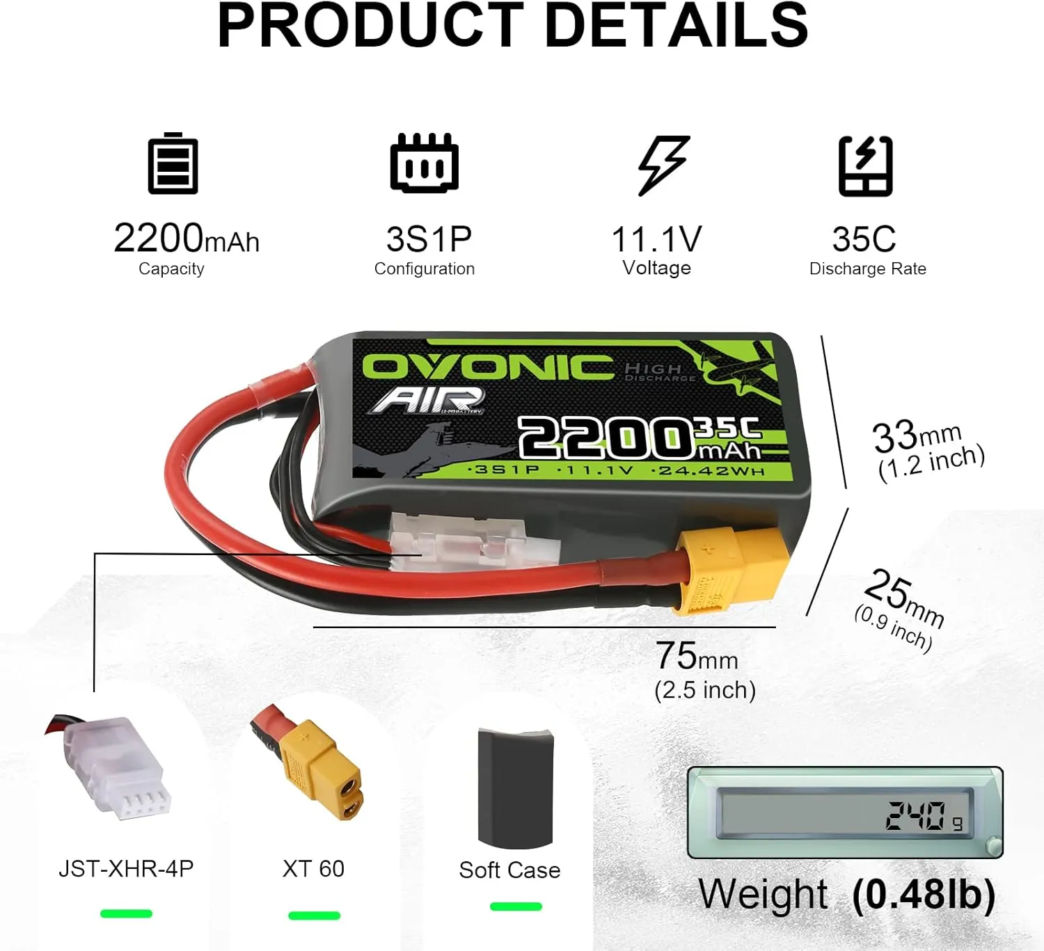 OVONIC 3s Lipo Battery 35C 2200mAh 11.1V Lipo Battery with XT60 Connector for Airplane RC Quadcopter Helicopter FPV Drone (1pcs)