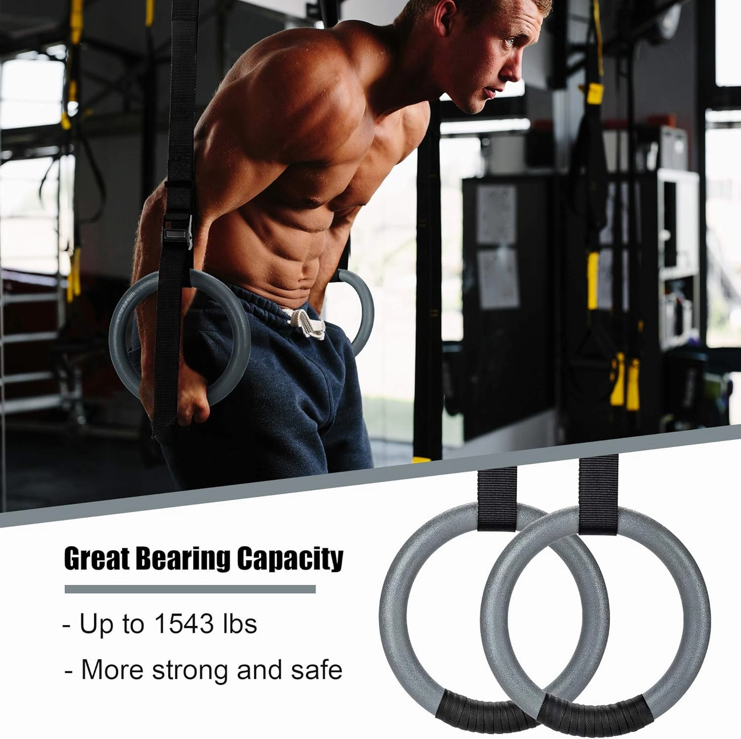 PACEARTH Gymnastic Rings 1100lbs Capacity with 14.76ft Adjustable Buckle Straps Pull Up Exercise Rings Non-Slip Rings for Home Gym Full Body Workout