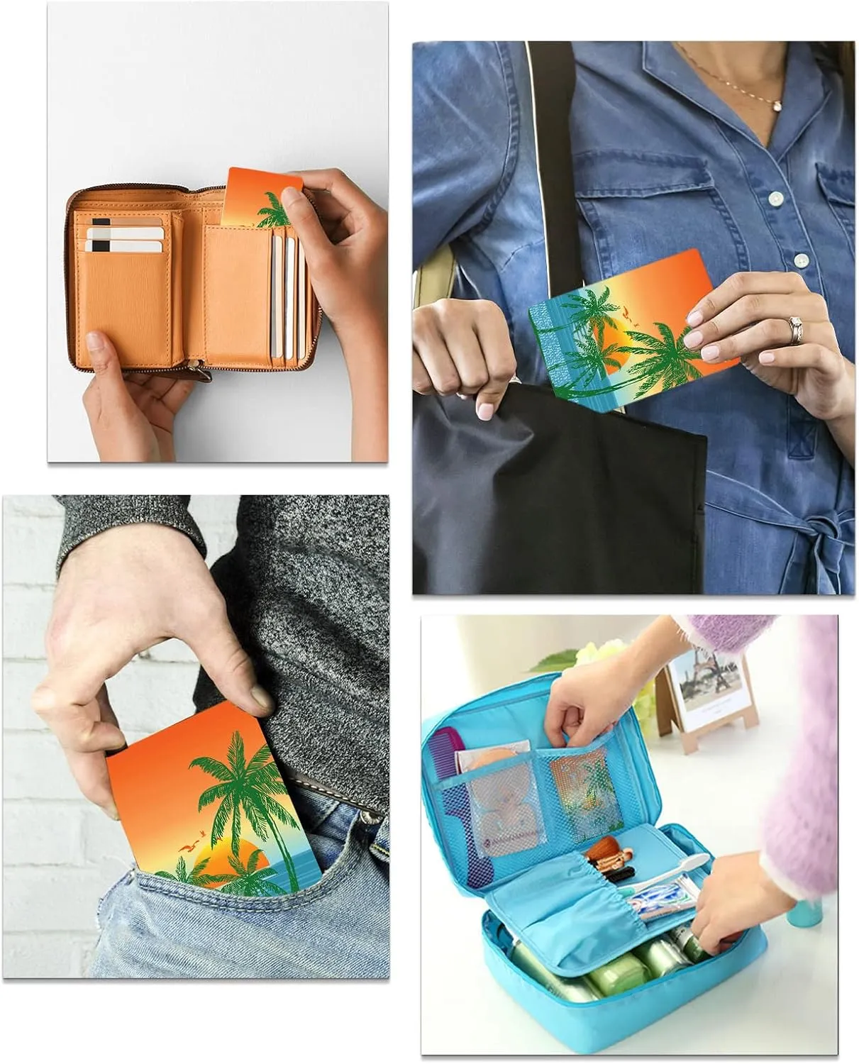 Palm Tree Small Compact Mirror for Purse, Green Botanical Blue Seaside Orange Setting Sun Travel Makeup Mirror for Women Men, Rectangular Handheld Compact Pocket Mirror 2 PCS
