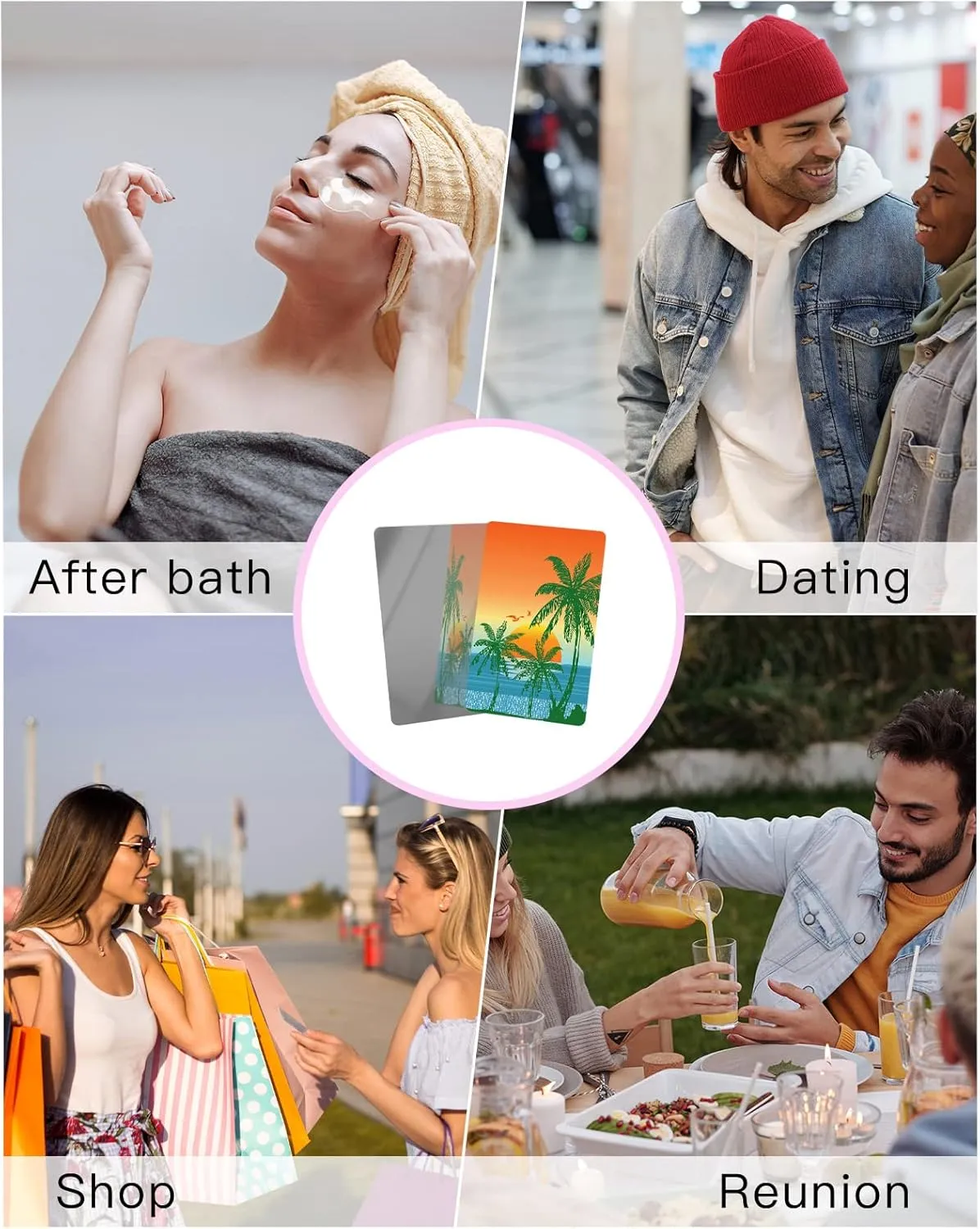 Palm Tree Small Compact Mirror for Purse, Green Botanical Blue Seaside Orange Setting Sun Travel Makeup Mirror for Women Men, Rectangular Handheld Compact Pocket Mirror 2 PCS