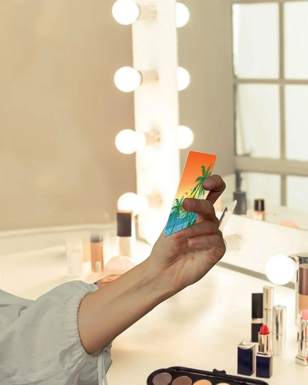Palm Tree Small Compact Mirror for Purse, Green Botanical Blue Seaside Orange Setting Sun Travel Makeup Mirror for Women Men, Rectangular Handheld Compact Pocket Mirror 2 PCS