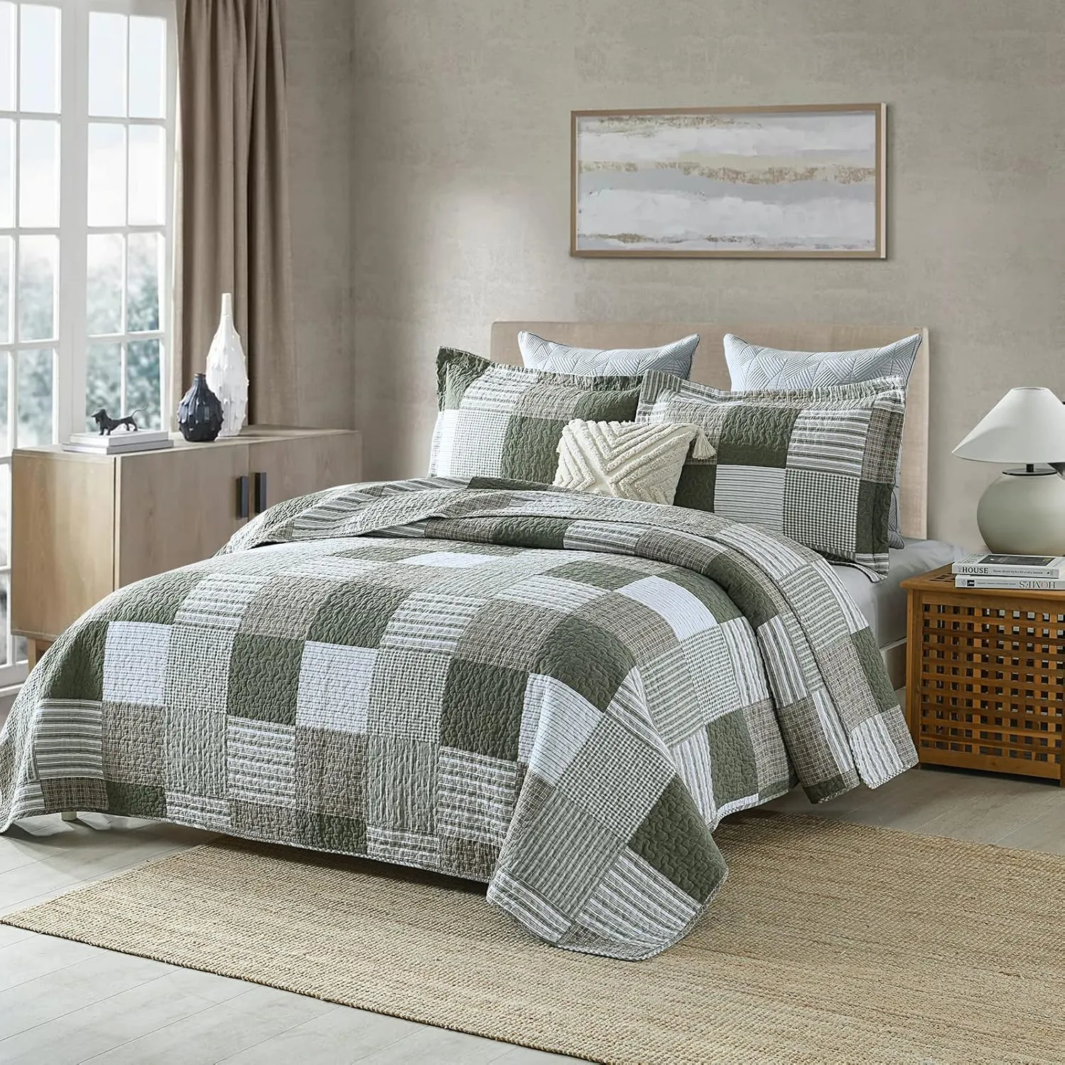 PANGUSHAN 100% Cotton Quilt Set Queen Size, Patchwork Plaid Queen Quilt Bedding Set Bedspreads, Farmhouse Lightweight Comforter Reversible Quilt, Green/Moonbeam Bed Spread for Queen Bed, 3 Pieces