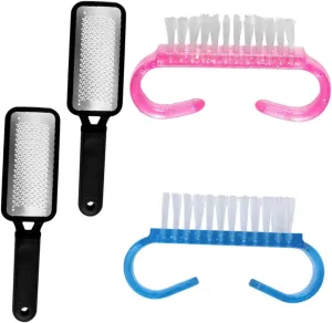 PartyKindom 1set Stainless Steel Foot Care Long Handle Dead Skin Removers Horn Shape Brushes Washable Blue Pink for Exfoliation Foot Health
