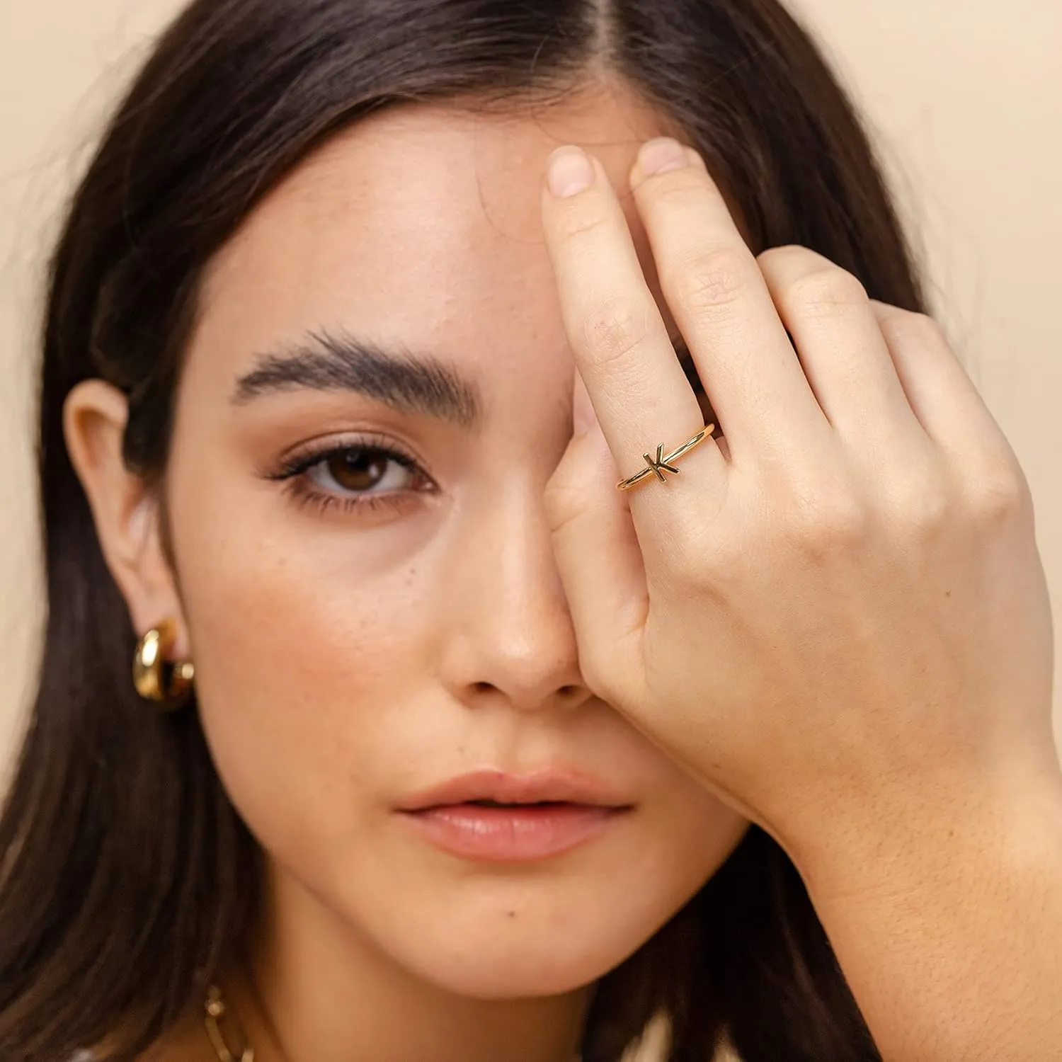 PAVOI 14K Gold Plated Initial Letter Adjustable Ring for Women - Thin Initial Band - Dainty Fashion Jewelry Gifts