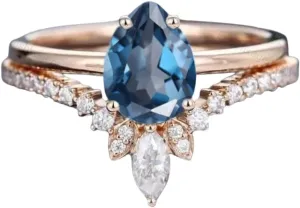 Pear cut Blue Sapphire Engegemant ring set 14k Yellow Gold with Marquise Diamoned Accents Art Deco Jewelry Meaningful gift for her