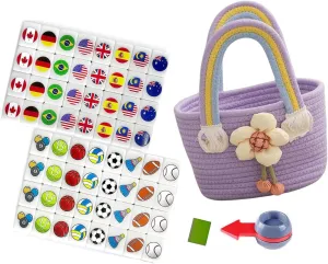 Pedeo-Seaside Escape Game Square Mahjong Set, 65 30mm Flag and Ball Patterns, Woven Rainbow Tote Bag and Turntable for Spring Picnic Party Games.