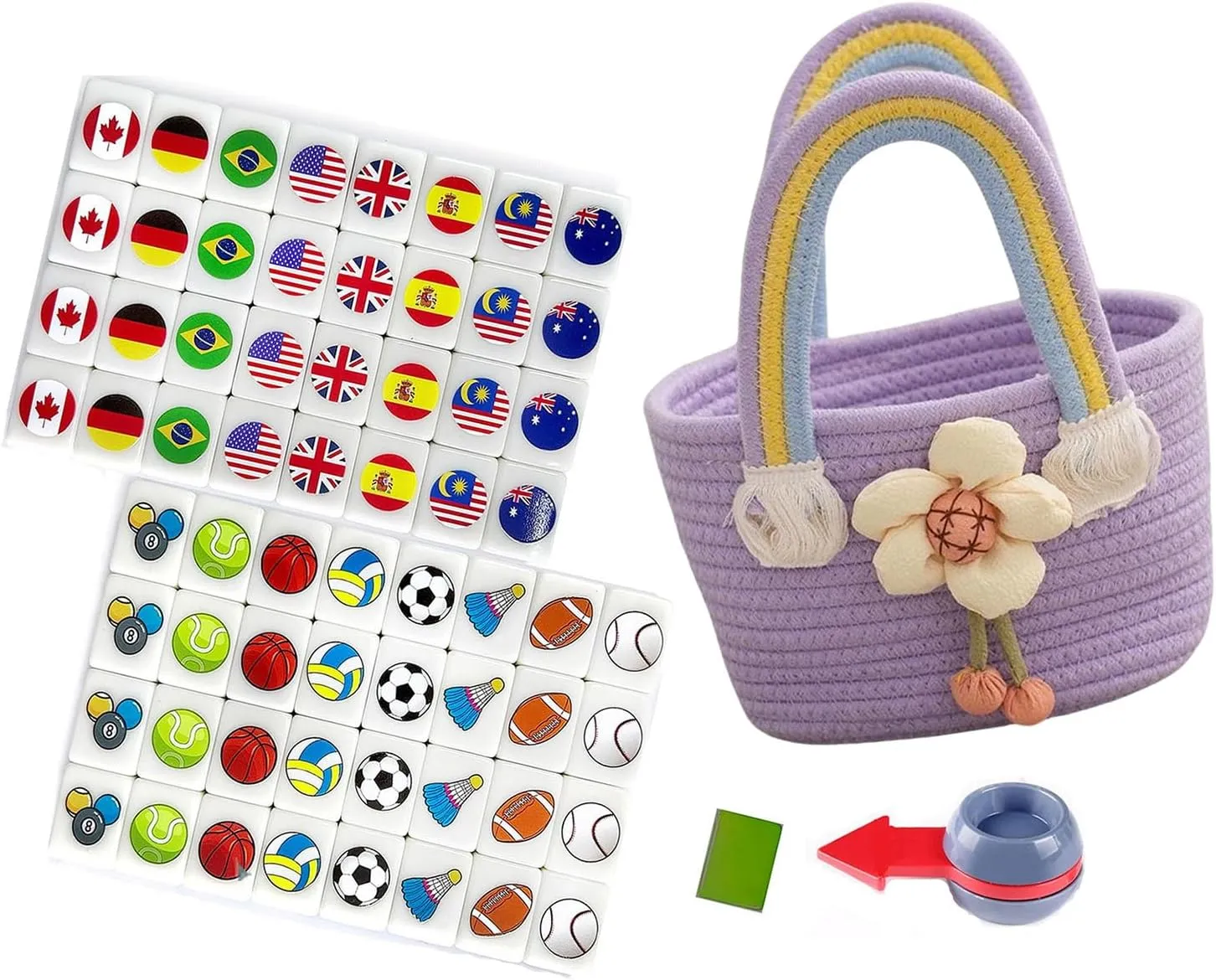 Pedeo-Seaside Escape Game Square Mahjong Set, 65 30mm Flag and Ball Patterns, Woven Rainbow Tote Bag and Turntable for Spring Picnic Party Games.