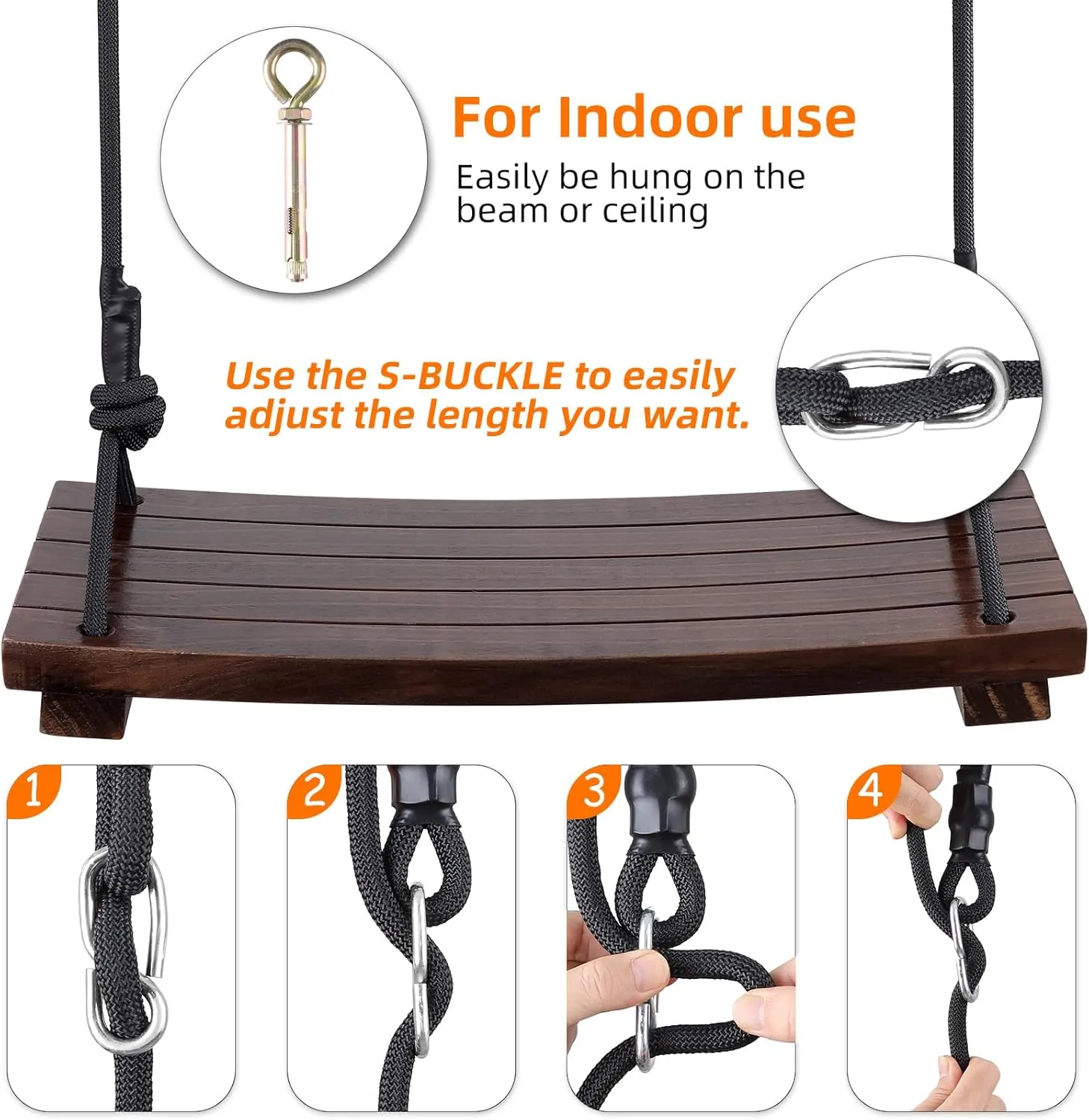 PELLOR Wood Swing Seat, Carbonized Hanging Wood Tree Swing 19.7 x9.8 x1.0 inch for Adult Kids Children Anticorrosive & 100% Waterproof Wooden Swing Set 550 lbs Load Indoor Outdoor Backyard Play