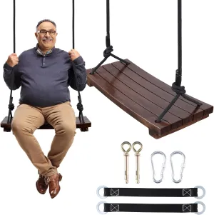 PELLOR Wood Swing Seat, Carbonized Hanging Wood Tree Swing 19.7 x9.8 x1.0 inch for Adult Kids Children Anticorrosive & 100% Waterproof Wooden Swing Set 550 lbs Load Indoor Outdoor Backyard Play