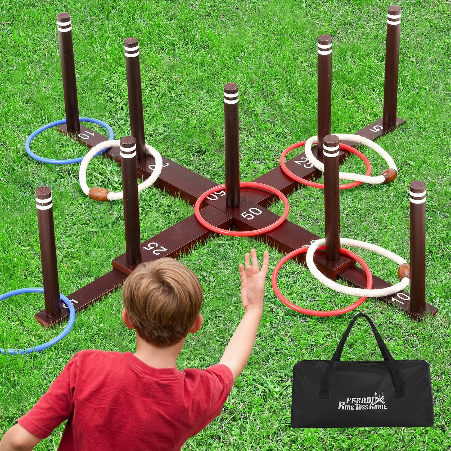 Peradix Ring Toss Game for Kids, Indoor Outdoor Fun Holiday Lawn Yard Game for Family & Adults with 26 Rings, Easy Set Up Backyard Beach Outdoor Game Toys, Portable to Carry Outside Kids Camping Sport
