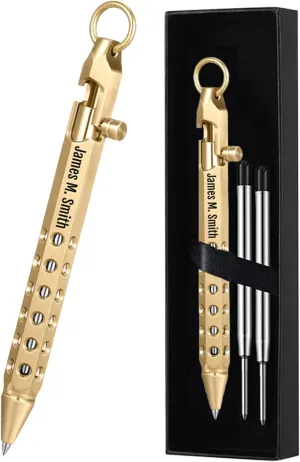 Personalized Bolt Action Pen Gift Set Free Engraved Customed Pocket EDC Brass Ballpoint Pen with 3 Refills Engravable for Personalization Office Decor Pen for Men (Style 2 - Brass)