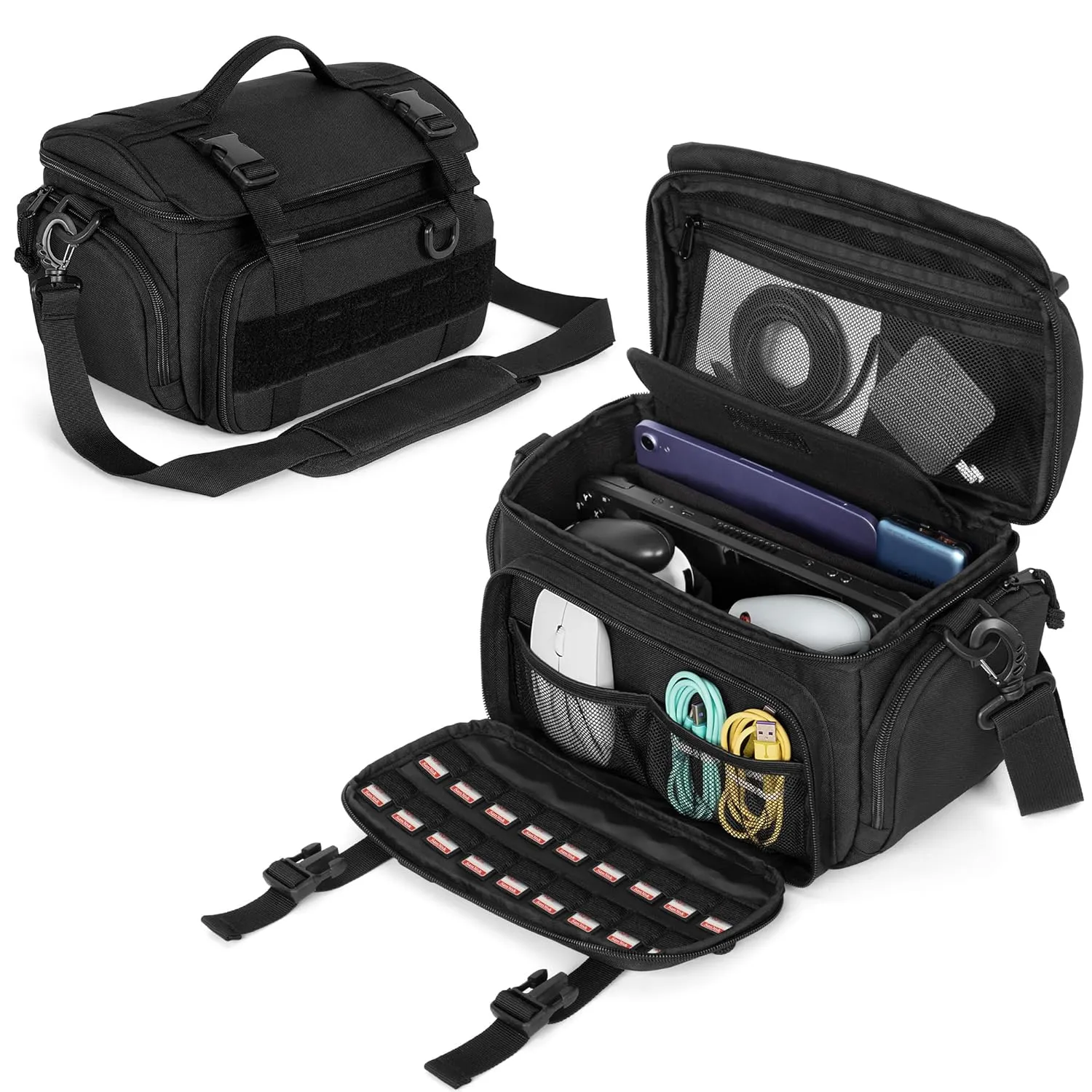 PGmoon Travel Bag Compatible with Steam Deck / Legion Go / Steam Deck OLED, Tactical Shoulder Storage Carrying Case with Pockets for Dock, AC Adapter, Controllers