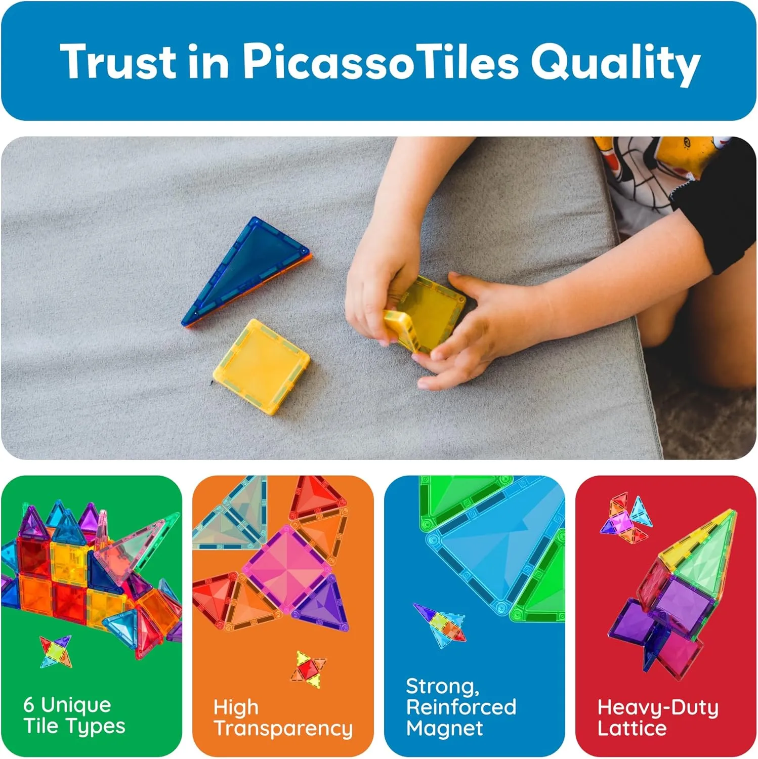 PicassoTiles 80 Pieces Magnetic Building Tiles Magnet Toys Diamond Educational Playset for STEM Sensory Gifts Kid Brain Development Stacking Blocks Construction Set