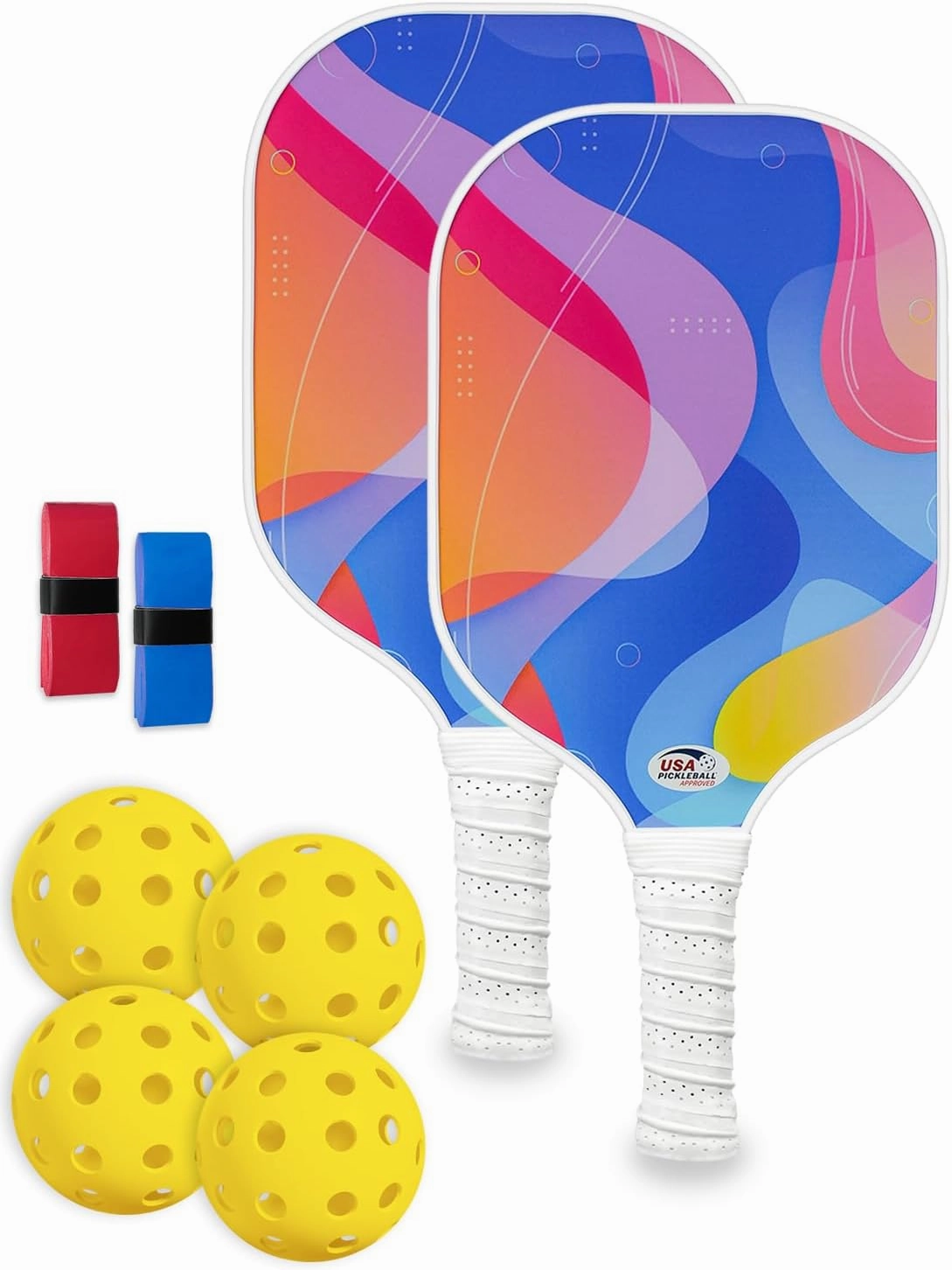 Pickleball Paddles Set of 2 with 4 Balls - USAPA Approved Fiberglass Surface, Lightweight, Non-Slip Grip - Premium Paddle Set for All Skill Levels Indoor & Outdoor