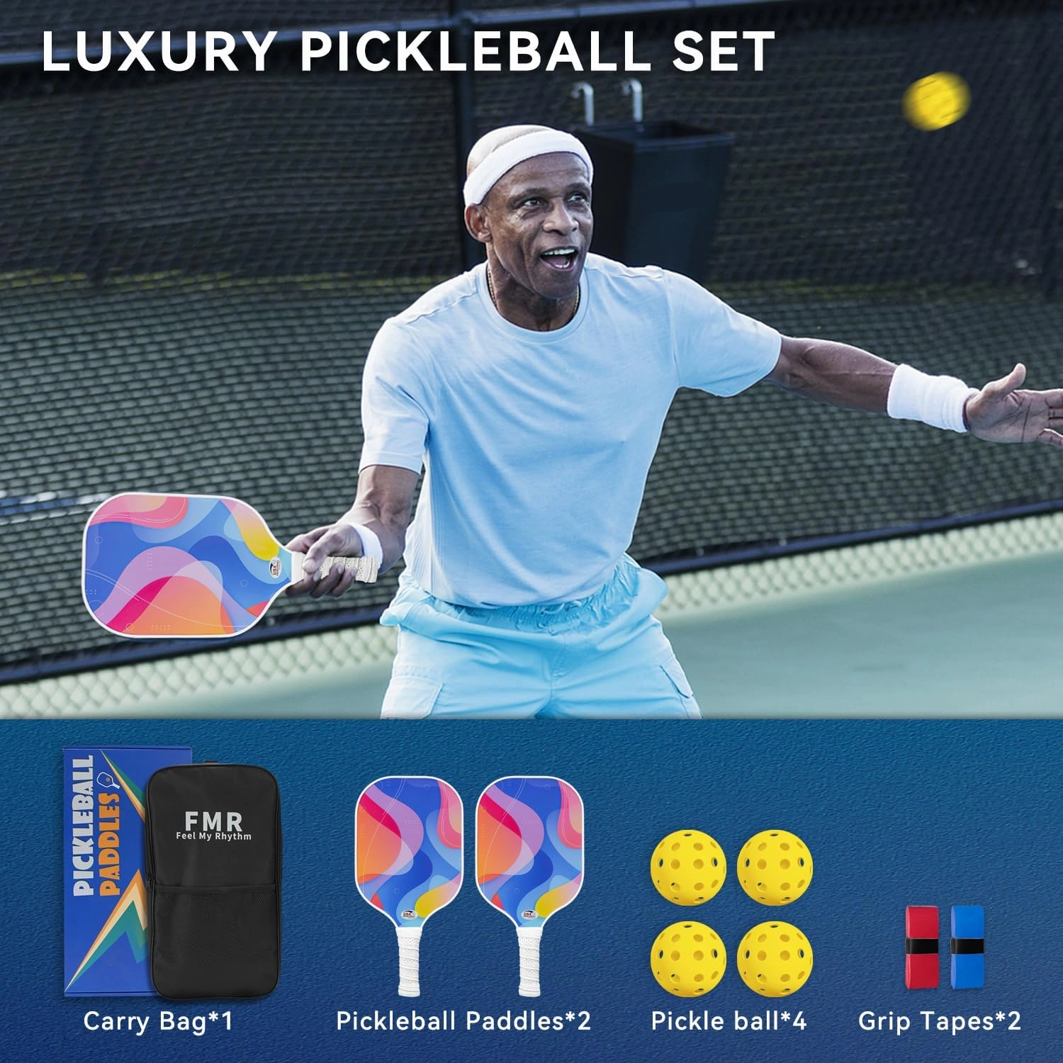 Pickleball Paddles Set of 2 with 4 Balls - USAPA Approved Fiberglass Surface, Lightweight, Non-Slip Grip - Premium Paddle Set for All Skill Levels Indoor & Outdoor