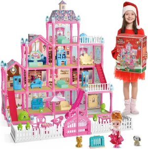 Pink Dolls Houses for Girls with Lights, 1 Dolls, 2 Pets, 3 Floors -13 Rooms, 285 PCS Dream Girls House Pretend Play Toy Set of Furniture & Accessories, Holiday Birthday Gift for 3  Year Old