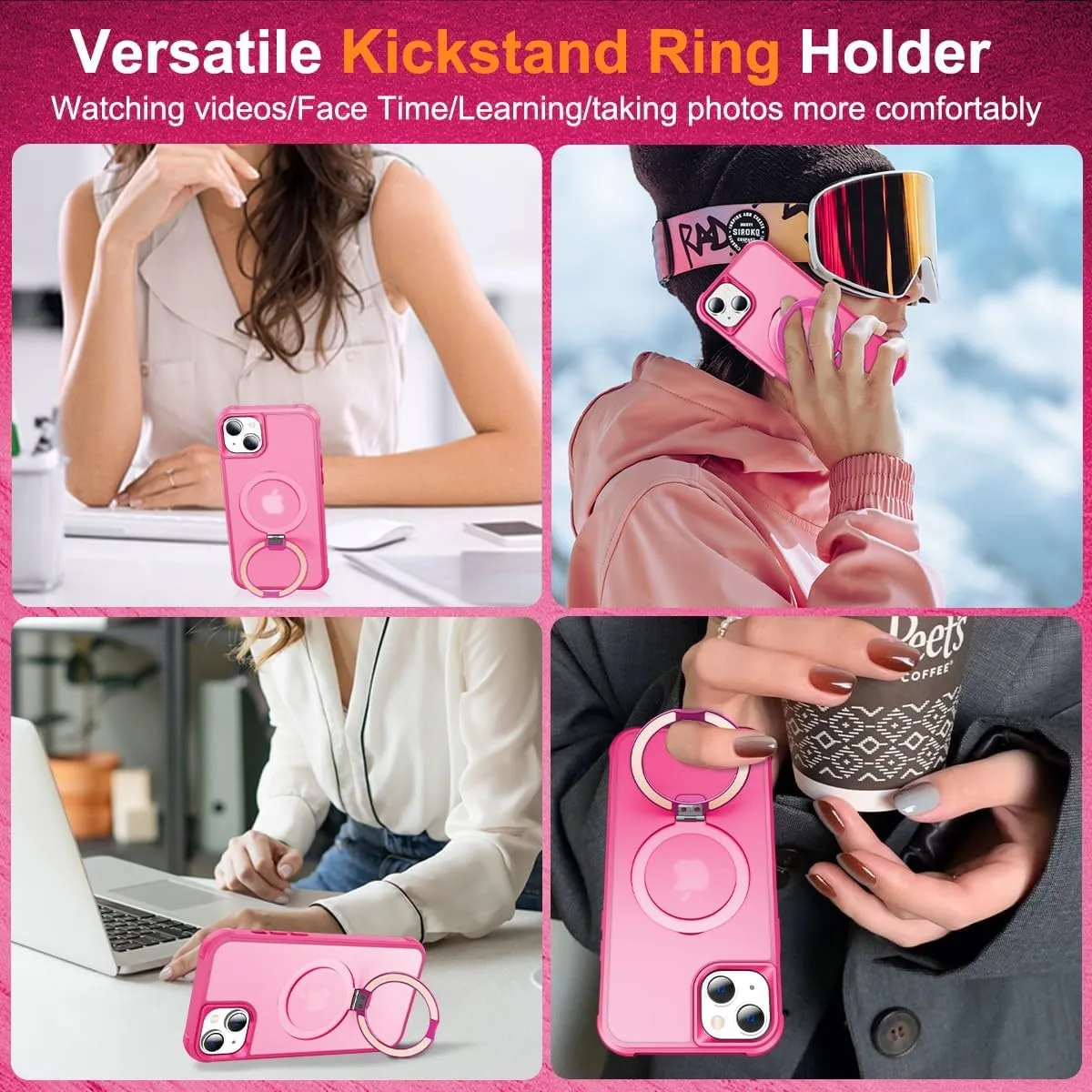 PIXIU Strong Magnetic for iPhone 14 case/iPhone 13 Case Compatible with MagSafe, Military Shockproof Slim Protective Matte Phone Cover Case for iPhone 13/14 Built-in Invisible Stand, Rose Pink