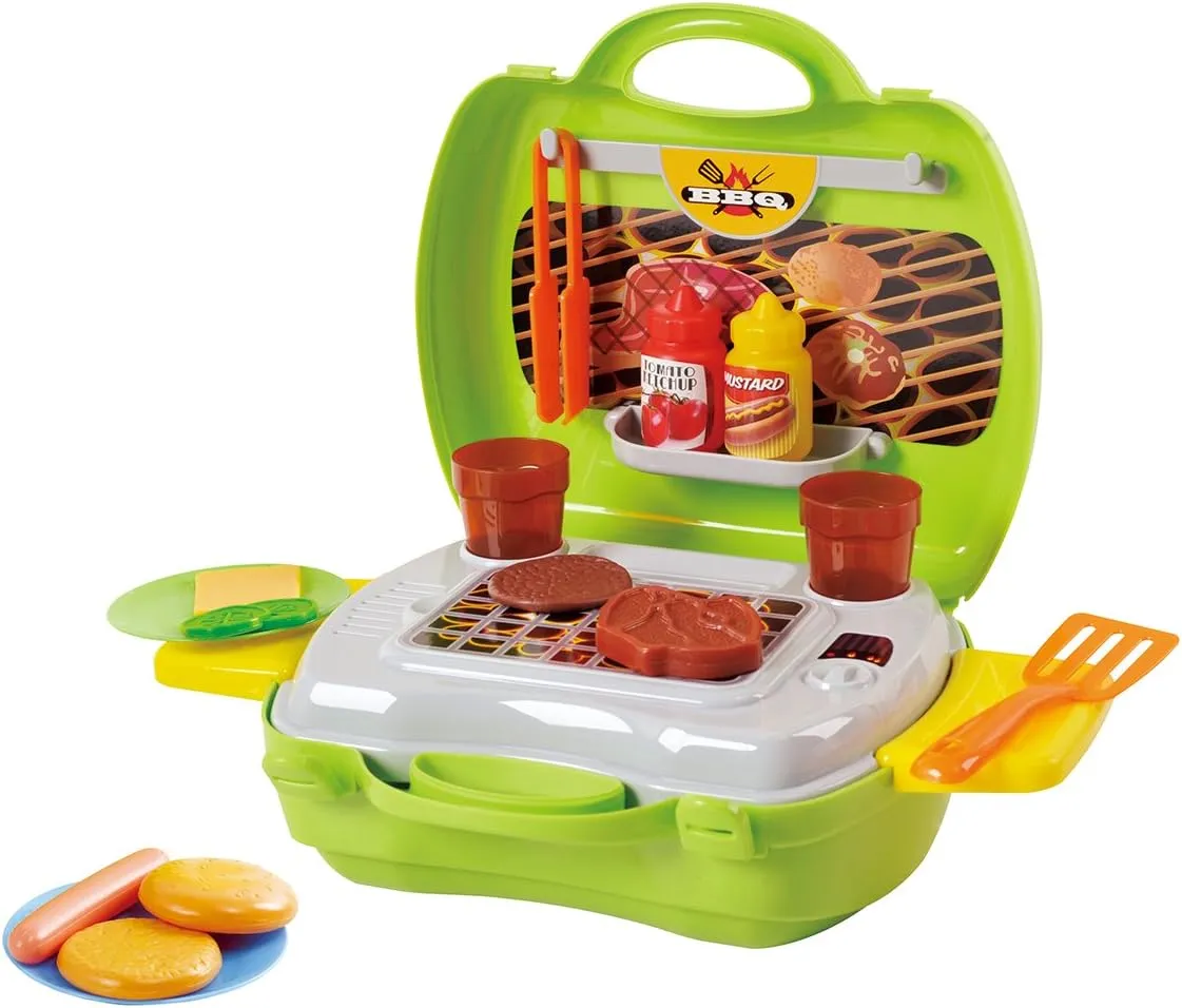 Play Mini Chef BBQ Grill Playset Pretend My Carry Along Barbeque 22 Piece Fun Activity Set Role Play Kitchen Accessories Adults Kitchen Toys for Boys and Girls Ages 24 Months - 7 Years