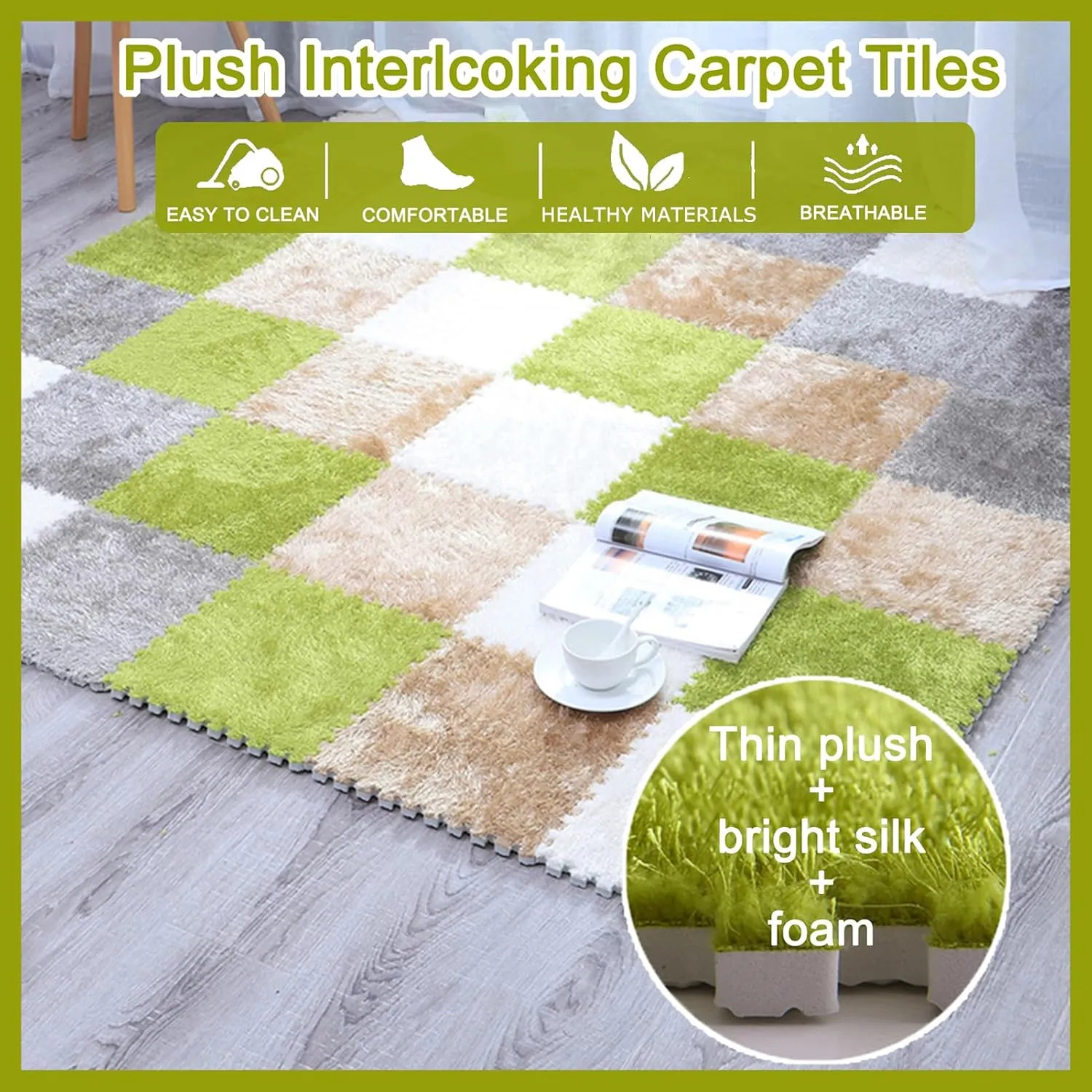 Playmat 10 Pcs Interlocking Carpet Tiles, Plush Foam Square Floor Mats Set, 24x24 Inch Area Rugs Fluffy Tiles, Square Puzzle Play Mat(Gray White)